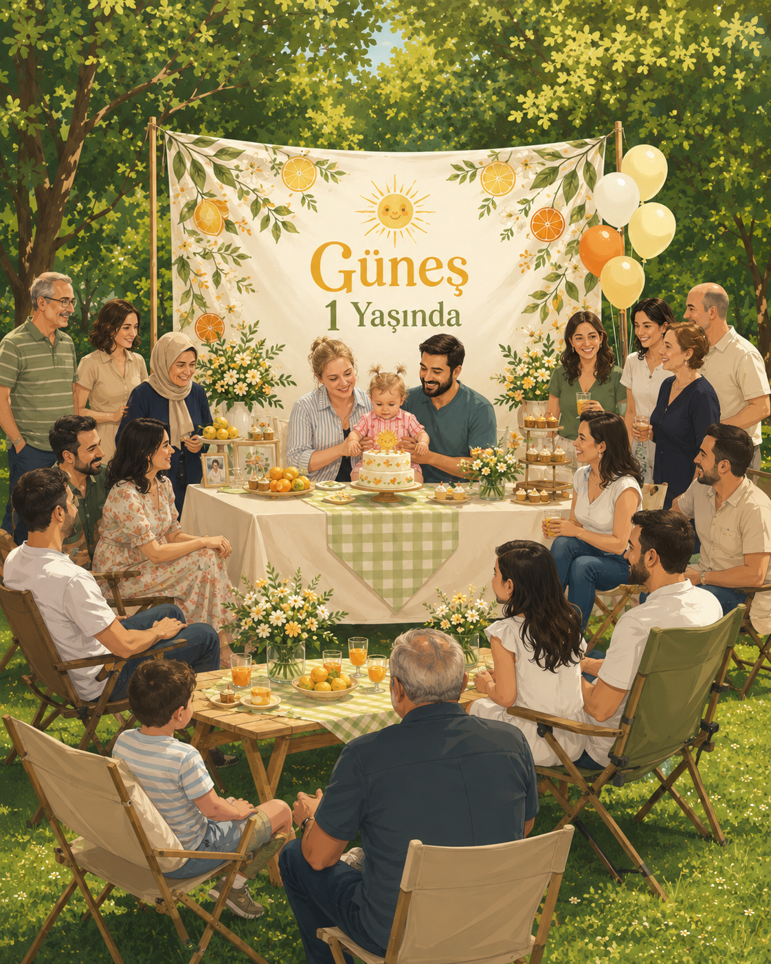 Güneş'in 1 yaş kutlaması — bahçede aile ve dostlar